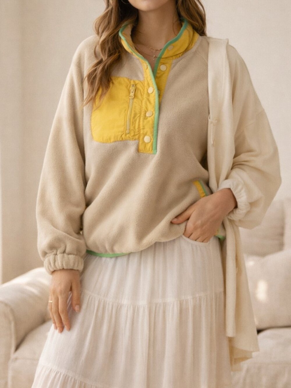 Dokotoo Fleece‎ Pullover M Khaki Snap Neck Colorblock Pocket Jacket NWT